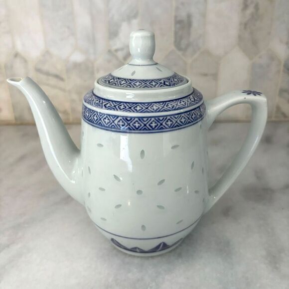 Vintage Chinese Tea Set Blue White Rice Porcelain MINT - Picture 7 of 13